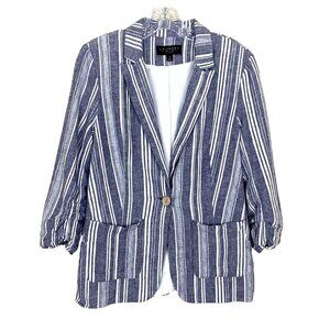 Laundry by Shelli Segal Womens 8 100% Linen Blend Blazer Blue Stripe Boho Beachy